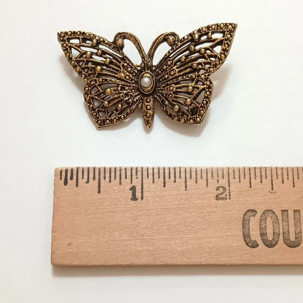 Vintage Antiqued Gold Tone Butterfly Brooch Faux Pearl Openwork Filigree Pin